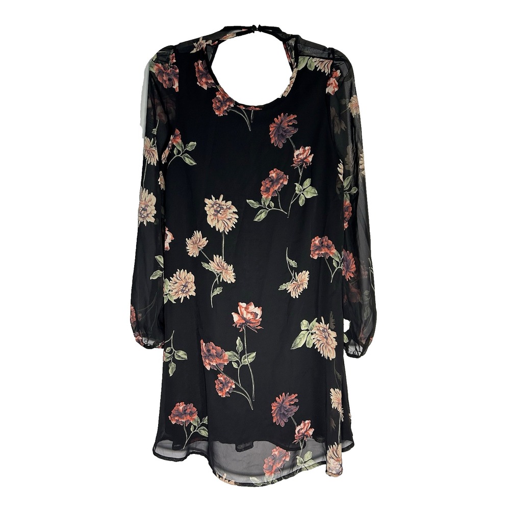 Womens Mini Dress/Tunic Sheer Long Sleeve Black Floral Lined Made in USA